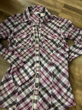 Maurices Plaid Button-Down Shirt in Burgundy, Gray, and White